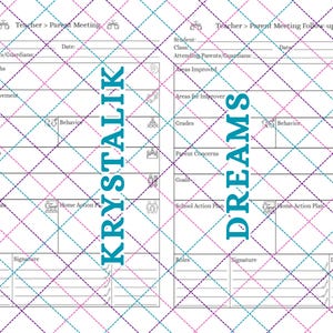 Puede incluir: Diseño de dos páginas de un formulario de reunión de padres y maestros con secciones para información del estudiante, fortalezas, áreas de mejora y metas. La palabra "KRYSTALIK" está impresa verticalmente en verde azulado. La palabra "DREAMS" está impresa verticalmente en verde azulado.