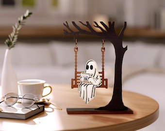 Chilling Ghost On Swing - Ghost Reading Decor, Fall Decor, Halloween Decor, Library Sign, Bookshelf Decor, Book Lover Gift