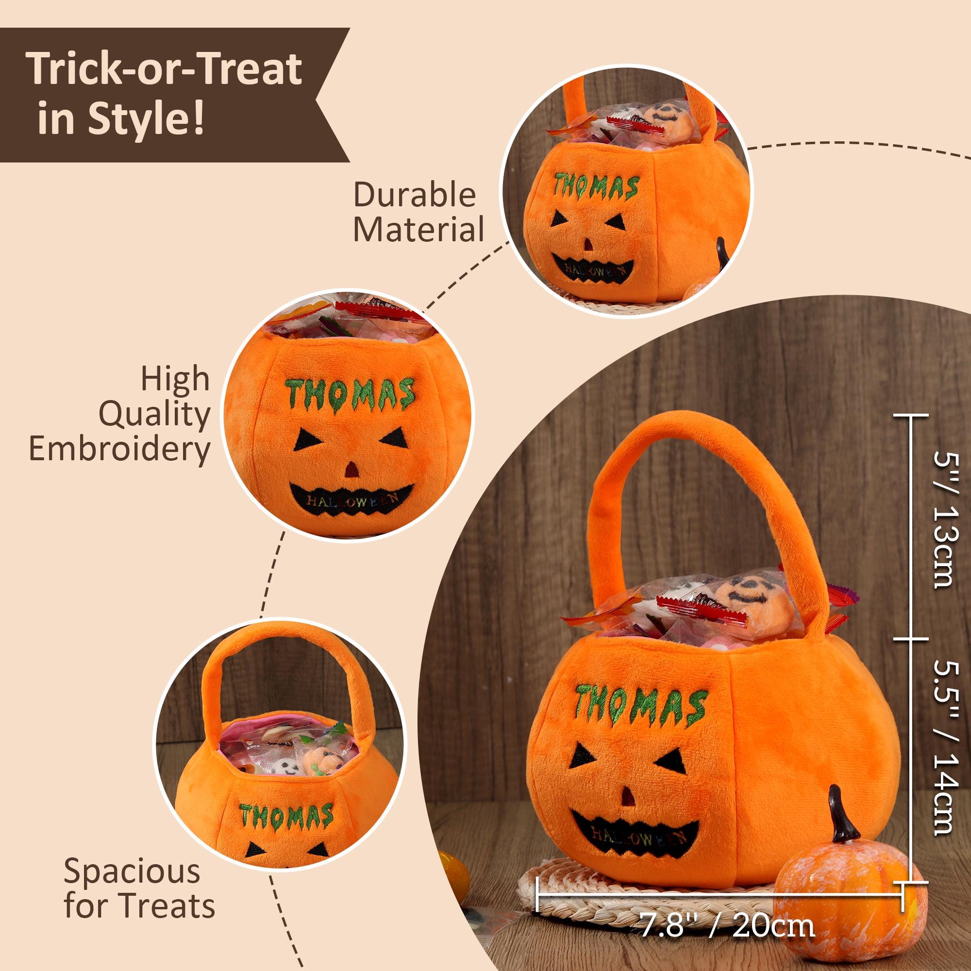 Personalized Halloween Basket - Custom Pumpkin Bucket with Name, Embroidered Trick or Treat Bag, Pumpkin Bucket for Kids, Gift for Child