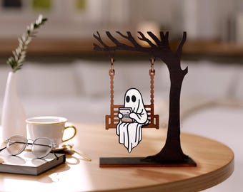 Ghost on Swing Book Nook: Halloween Bookshelf Decor