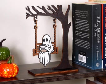 Chilling Ghost On Swing - Ghost Reading Decor, Halloween Decor, Library Sign, Fall Decor, Bookshelf Decor, Book Lover Gift