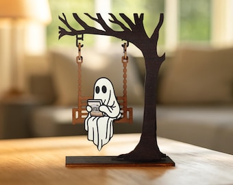 Ghost Reading Decor - Chilling Ghost On Swing, Halloween Decor, Library Sign, Fall Decor, Bookshelf Decor, Book Lover Gift