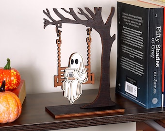 Ghost Reading Decor - Chilling Ghost On Swing, Fall Decor, Halloween Decor, Library Sign, Bookshelf Decor, Book Lover Gift