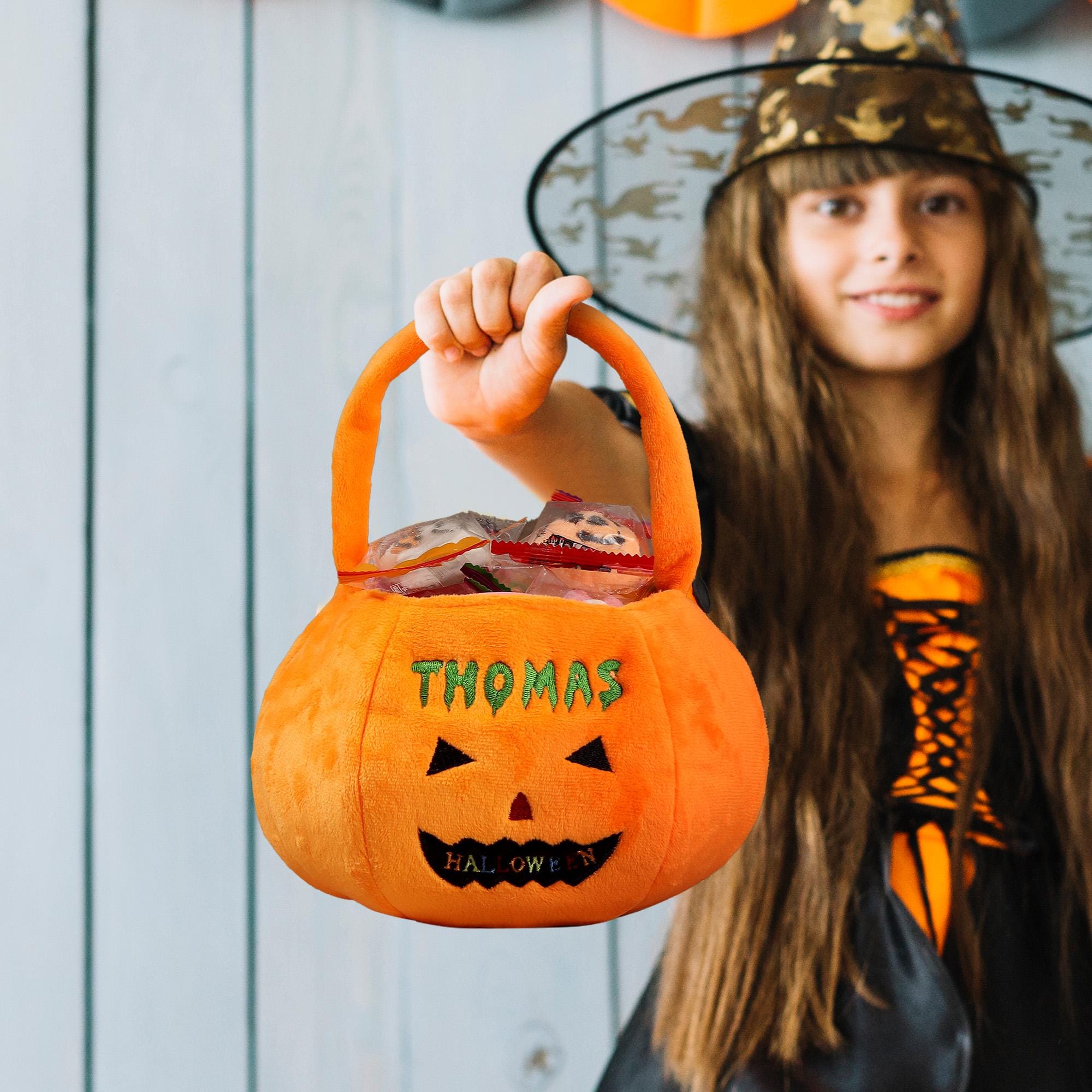 Personalized Halloween Basket - Custom Pumpkin Bucket with Name, Embroidered Trick or Treat Bag, Pumpkin Bucket for Kids, Gift for Child