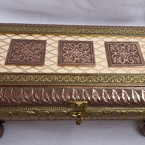 Indian dry fruit Box Stash Box 3 grid Handicraft Brass oxidize Wooden Container for Dry shops Fruit Chocolate