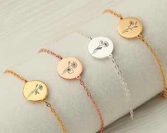 Personalized Birth Flower Bracelet, Birthday Month Floral Charm Bracelet, Engraved Gold Bracelet, Hen Party Gift, Bridesmaid Proposal Gifts