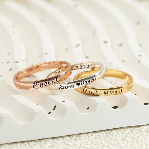 Custom Engraved Rings, Personalized Stacking Name Rings, Dainty Gold Wedding Ring, Both Sides Engraveable, Engagement Gift for Her