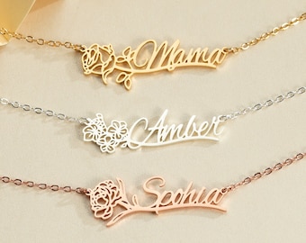 Name Necklace with Birth Flower, Personalized Gold Name Necklace, Custom Birth Month Name Jewelry, Necklace for Mom, Mother&#39;s Day Gift