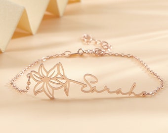 Dainty Birth Flower Name Bracelet, Custom Flower Bracelet, Minimalist Floral Bracelet, Personalized Jewelry, Birthday Gifts for Her
