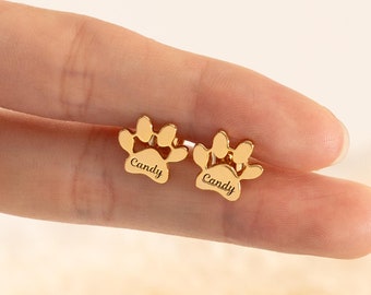 Engraved Paw Print Name Earrings, Dog Paw Stud Earrings, Personalized Name Earrings, Christmas Gift for Pet Lovers, Pet Keepsake Gift