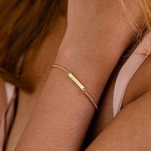 Personalized Name Bracelet, Engraved Mini Bar Bracelet with Cuban Chain, Custom Bracelet for Women, Bridesmaid Gifts, Christmas Gift for Her