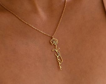 Collana con nome personalizzato con fiore di nascita, collana con nome floreale in oro personalizzato, gioielli con fiore di nascita, regali per la festa della mamma, regalo di Natale per lei