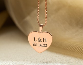 Custom Engraved Heart Necklace, Personalized Initial Name Necklace, Customized Date Necklace for Women, Couple Gift, Christams gift for Wife