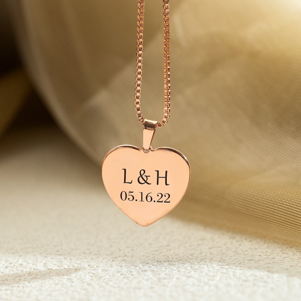Custom Engraved Heart Necklace, Personalized Initial Name Necklace, Customized Date Necklace for Women, Couple Gift, Christams gift for Wife