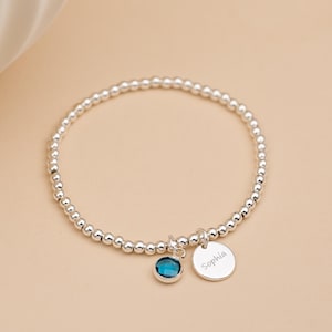Engraved Disc Name Bracelet with Birthstone Charm, Custom Gold Letter Bracelet, Personalized Womens Bracelet, Mothers Day Gift for Her