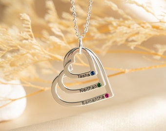 Collier de nom de famille gravé personnalisé, collier multi-noms personnalisé, collier de nom de cœur, cadeau pour maman, cadeau de Noël pour grand-mère