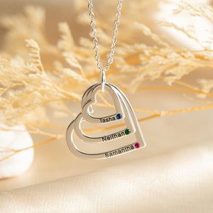 Custom Family Name Heart Necklace, Personalized Multi Name Necklace, Birthstone Heart Necklace, Gift for Mom, Mothers Day Gift for Grandma