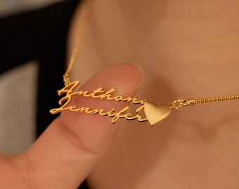 Collar personalizado de dos nombres con corazón, collar de pareja de oro, collar con nombre de niños y mamá, joyería de plata personalizada, regalo del Día de las Madres