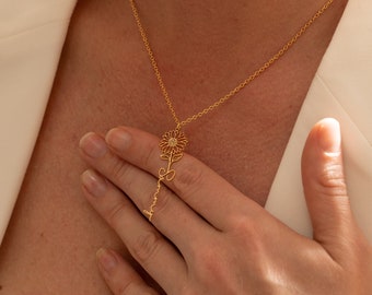 Cadeau de Noël - Cadeau de fête des mères pour maman - Collier de nom délicat personnalisé avec fleur de naissance - Bijoux de nom en or personnalisés pour femmes