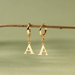 May include: A pair of gold-colored hoop earrings, each with a dangling letter "A" pendant. The earrings are suspended from a thin, brown twig against a soft green background. The earrings are a simple, elegant design.