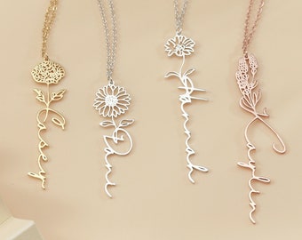 Cadeau de Noël - Cadeau de fête des mères pour maman - Collier de nom délicat personnalisé avec fleur de naissance - Bijoux de nom en or personnalisés pour femmes