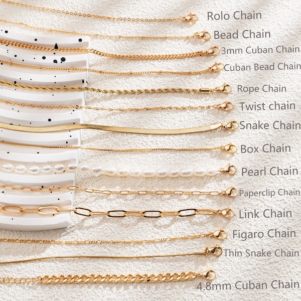 Collier de chaîne rempli d’or 18 carats, chaîne de boîte, chaîne de trombone à maillons, chaîne Rolo, chaîne de perles, chaîne à maillons de bordure, collier ras du cou, bijoux de tous les jours