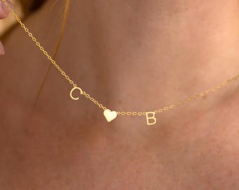 Dainty Initial Necklace, Custom Letter Necklace, Personalized Two initial necklace with Heart,Mom and Daughter Initial Necklace, Gift for Her