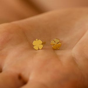 Könnte beinhalten: Ein Paar kleine, goldfarbene Ohrstecker in Kleeblattform. Die Ohrringe werden vor einem hellen Hintergrund präsentiert, der ihr zartes Design hervorhebt. Das vierblättrige Kleeblatt ist ein klassisches Glückssymbol.