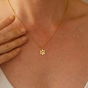 Könnte beinhalten: Eine goldfarbene Halskette mit einem Pfotenabdruck-Anhänger. Der Anhänger ist klein und detailliert, wobei das Pfotenabdruck-Design deutlich sichtbar ist. Die Halskette wird um den Hals getragen.