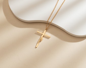 Collar de cruz personalizado con nombre, collar colgante de nombre de cruz delicada de plata, joyería de nombre para mujeres, regalo cristiano de bautismo para ella