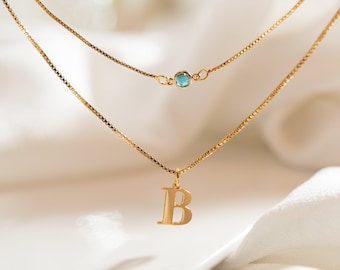 Custom Layered Birthstone Initial Necklace, Personalized Initial Necklace With Birthstone, Two Layered Birthstone Necklace, Christmas Gifts