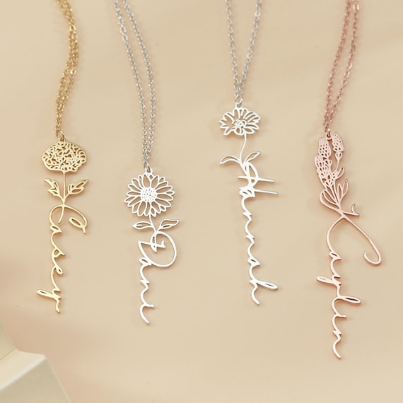 Dainty Name Necklace with Birth Flower, Personalized Name Necklace, Custom Gold Name Jewelry, Birthday Gift for Her, Bridesmaid Gift