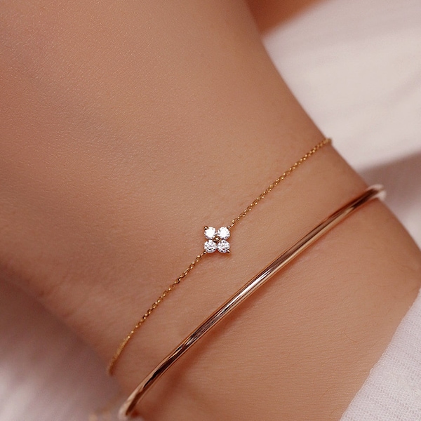 Diamond Charm Bracelet, Minimalist Bracelet, Flower Diamond Bracelet, Dainty Gemstone Bracelet in Gold, Sterling Silver, Bridesmaid Gifts