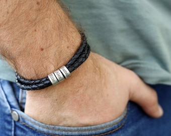 Pulsera de cuero personalizada para hombres con nombre de niños, pulsera de hombres de cuentas personalizadas, regalo para esposo, regalos de Navidad, regalo para papá abuelo