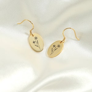 Personalized Birth Flower Earrings • Dainty Silver Floral Signet Earrings • Custom Oval Dangle Earrings • Christmas Gift for Mother