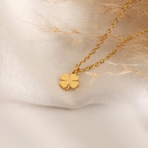 May include: A gold-colored necklace with a four-leaf clover pendant. The chain is delicate, and the clover is centered. The necklace is displayed on a white, textured surface with dried plants in the background. The jewelry is simple and elegant.