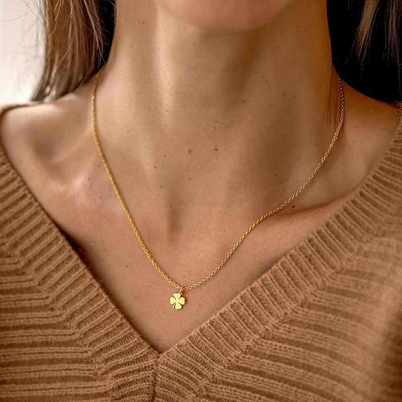 Tiny Four Leaf Clover Necklace with Initial, Personalized Initial Charm Necklace, Lucky Clover Necklace for Women, Christmas Gift for Her image 2