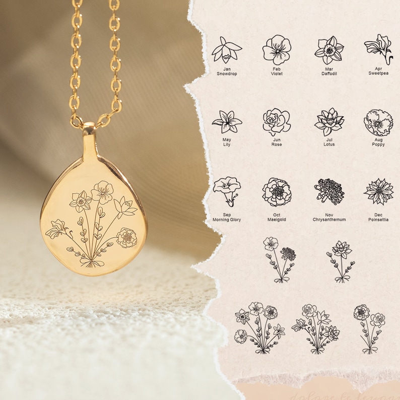 Op de afbeelding: Goudkleurige hangerketting met een druppelvormige bedel. De bedel heeft een gegraveerd bloemendesign. De afbeelding toont ook een tabel met verschillende bloemenillustraties, elk gelabeld met een maand en bloemnaam.