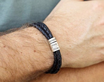 Personalized Christams Gift for Dad • Leather bracelet for Men • Custom Beads bracelet with kids name for Him • Fathers day Gift • Grandpa