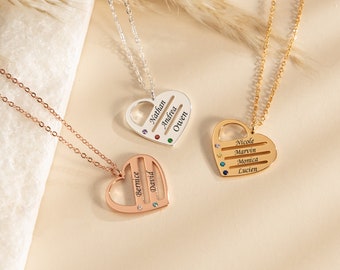 Collier multi-noms gravé, pendentif cœur personnalisé avec pierre de naissance, bijoux personnalisés pour maman, pendentif nom pour femmes, cadeaux d’anniversaire