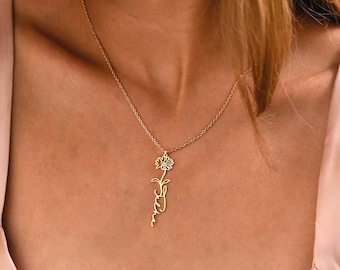 Personalized Name Necklace with Birth Flower, Custom Sun Flower Name Necklace, Mothers Day Gift, Bridesmaid Gifts, Christmas gift for Her