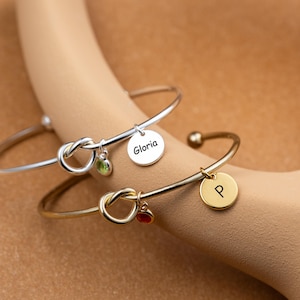 Personalized Tie Knot Bracelet, Dainty Initial Bangle with Birthstone, Custom Bracelet for Bridesmaid, Maid of Honor Gifts, Christmas Gifts