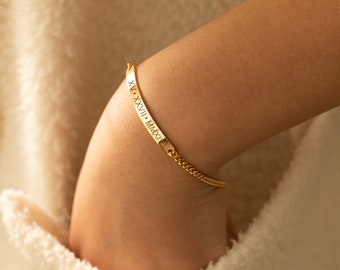 Custom Bar Bracelet with Cuban Chain, Engrave Name Date Number Coordinates Bracelet,Personalized Dainty Gold Nameplate Bracelet,Gift for Him