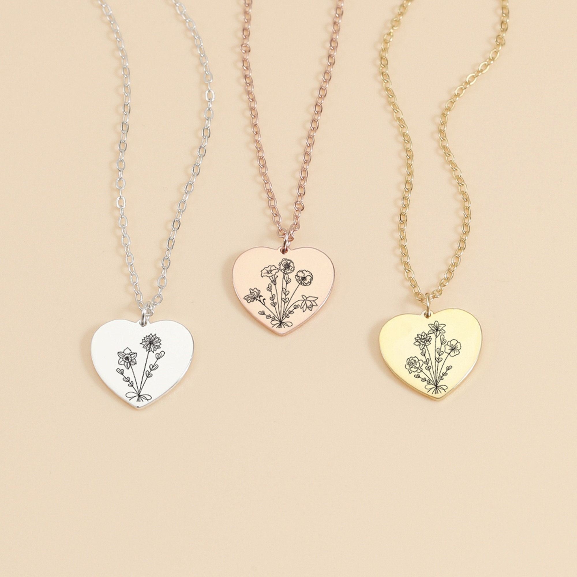 Dainty Birth Flower Necklace in Heart Personalized Engraved - Etsy UK