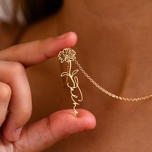 Personalized Birth Flower Name Necklace, Custom Gold Floral Name Necklace, Birth Flower Jewelry, Mother&#39;s Day Gifts, Christmas Gift for Her