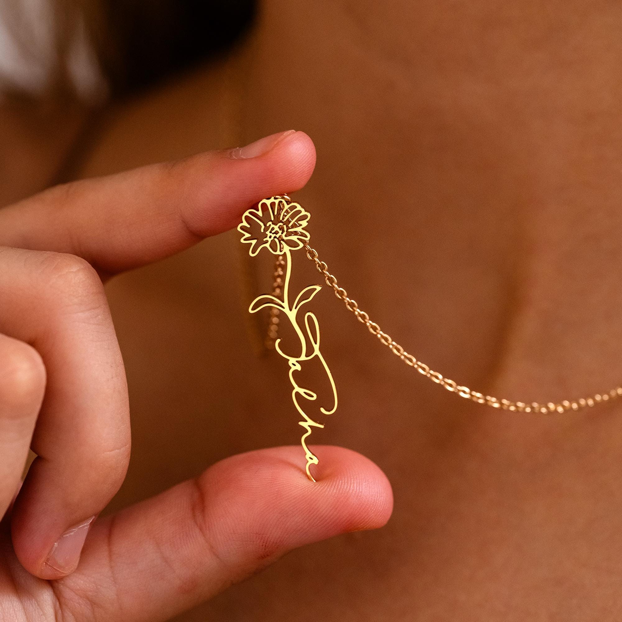 Personalized Birth Flower Name Necklace