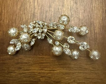 Vintage Schauer Rhodium Faux Pearl Rhinestone Atomic Spray Brooch signed