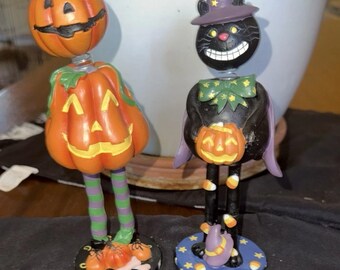 Halloween Bobble head pair “jack o lantern & Black Cat witch 8” figurines “