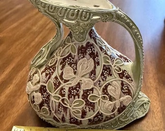 Nippon Moriage Embossed Floral Maroon & White on Green pitcher/ewer  1891-1921