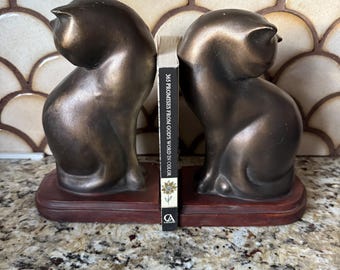 MCM Cat Bookends Bronze finish on wood tone Resin pair set of 2